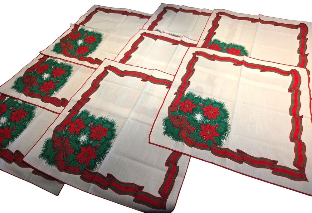 Lot 8 Vtg Christmas Cloth NAPKINS Red Holly Ribbon Green Brazil Wreath